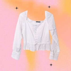 White Button-Up Ruffle Crop Top Blouse